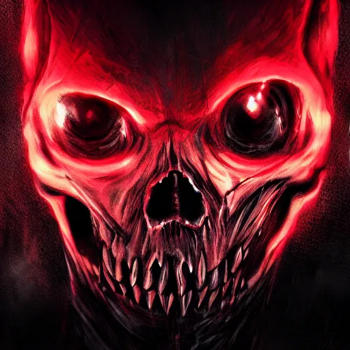 Prompt: horrific demon, skull face, red eyes, terror, horror, scary, nightmare, high quality, high resolution