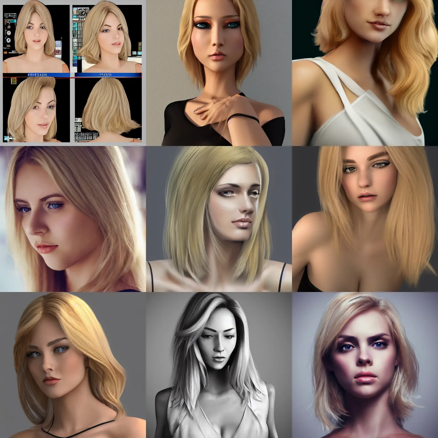 Prompt: an attractive woman with shoulder-length slightly wavy blonde hair wearing a low cut blouse, trending on artstation, 4k