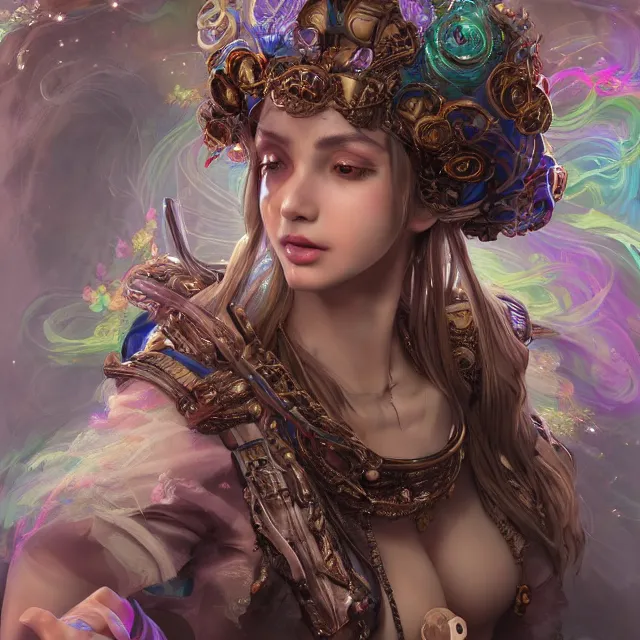 Prompt: studio portrait of neutral good rainbow colorful female cleric bard healer as absurdly beautiful, elegant, realistic mature gravure idol looking up, an ultrafine hyperdetailed illustration by kim jung gi, irakli nadar, intricate linework, detailed symmetrical faces, super sharp focus, bright colors, octopath traveler, unreal engine 5 highly rendered, global illumination, radiant light