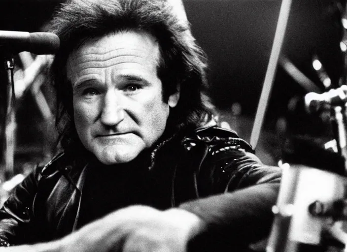 Image similar to promotional image of robin williams as a heavy metal singer in a movie from 1978, rugged black clothes, detailed face, movie still frame, promotional image, imax 70 mm footage
