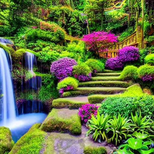 Prompt: Hidden gardens in 4th dimension, impossible architecture, waterfalls, relaxing, vivid colors, colorful, vibrant