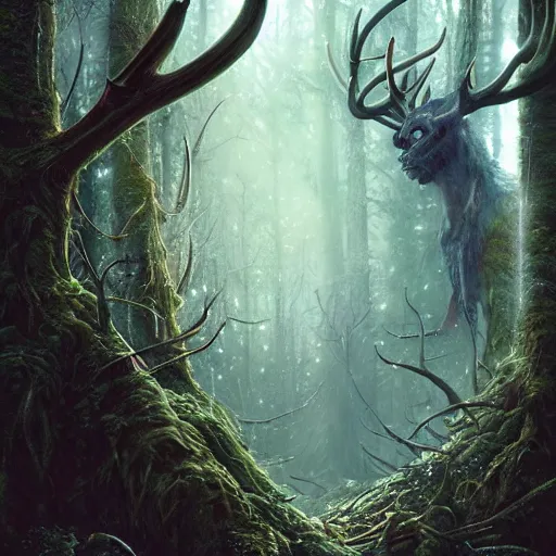 Image similar to highly detailed creepy forest creature with antlers, stephen bliss, unreal engine, fantasy art by greg rutkowski, loish, rhads, ferdinand knab, makoto shinkai and lois van baarle, ilya kuvshinov, rossdraws, tom bagshaw, global illumination, radiant light, detailed and intricate environment