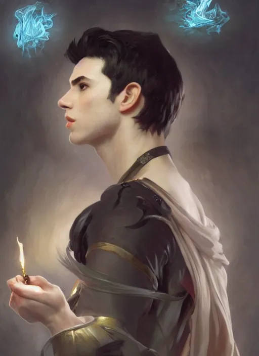 Image similar to character concept portrait of an attractive young focused Spanish wizard with pale skin enchanting a flaming love spell, a floating iridescent spell book in the center, intricate, elegant, digital painting, concept art, smooth, sharp focus, illustration, from Metal Gear, by Ruan Jia and Mandy Jurgens and William-Adolphe Bouguereau, Artgerm