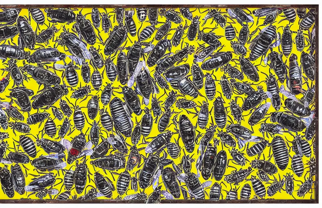 Image similar to pop art collage of mechanical bees, style of Andy Warhol