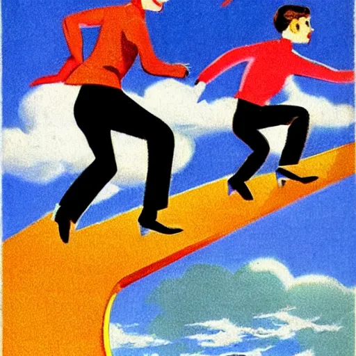 Image similar to chasing my dreams down a flight of stairs 1950s illustration