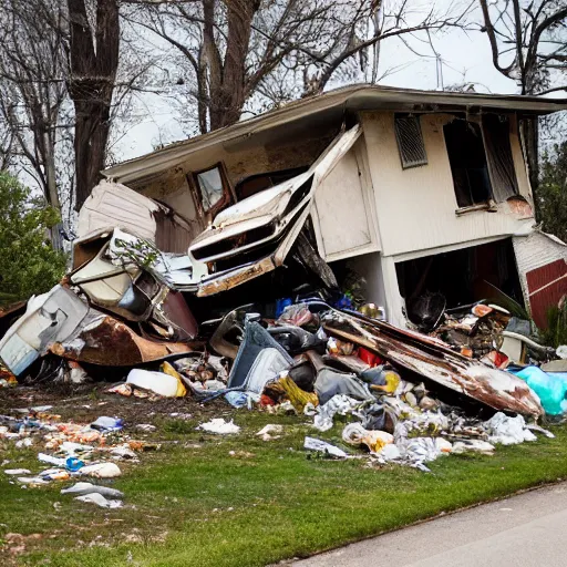 Image similar to a run down house with stacks of trash 1 0 feet high in front of the house. run down house is in a suburban neighborhood in america. broken and rusted golf cart in street in front of house