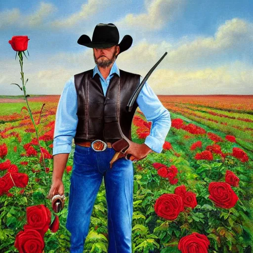 Image similar to a painting of a tall man with blue eyes that is wearing a cowboy hat and a leather vest. He is holding a revolver in his left hand and a rose is in his right hand. He is standing in a field of roses.