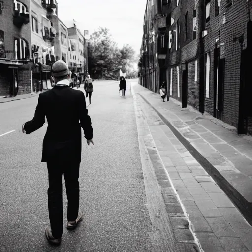 Prompt: mid shot of strangely dressed man walking down a street smiling, sigma 75mm