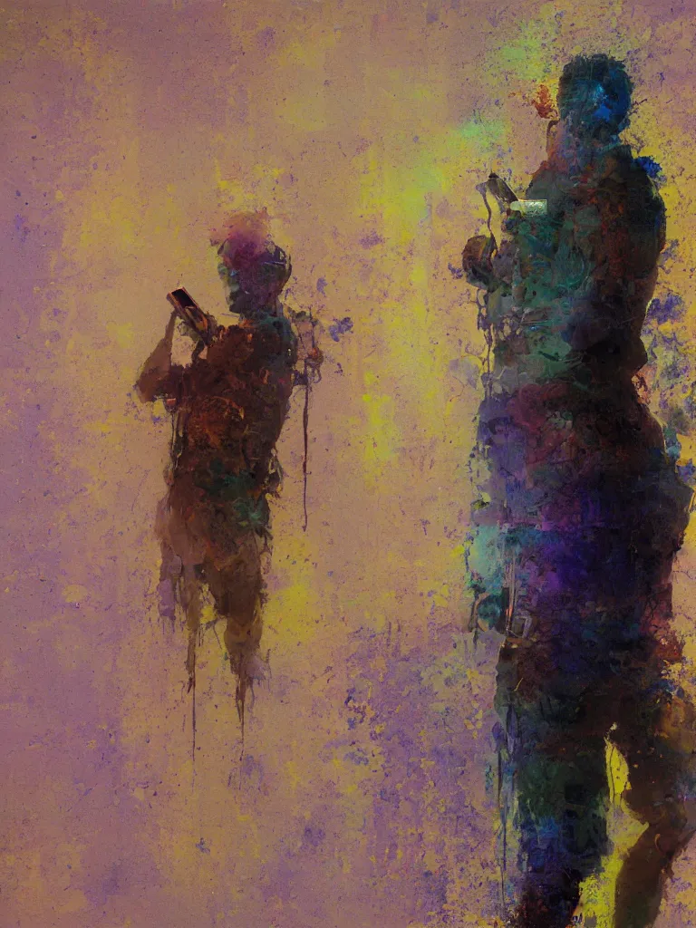 Image similar to a beautiful glitched oil painting by robert proch of a man standing with his phone in front of a bathroom mirror, anatomy study of the human nervous system, color bleeding, pixel sorting, copper oxide and rust materials, brushstrokes by jeremy mann, cold top lighting, pastel purple background