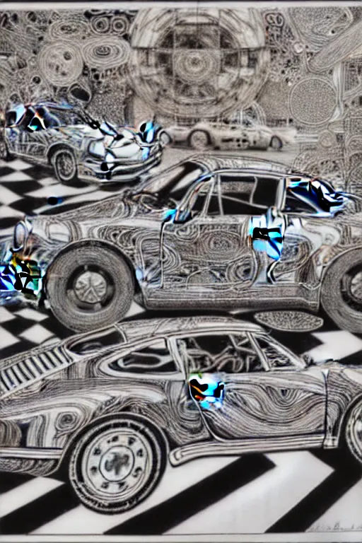 Image similar to a black and white drawing of a porsche 9 1 1, a detailed mixed media collage by hiroki tsukuda and eduardo paolozzi and moebius, intricate linework, sketchbook psychedelic doodle comic drawing, geometric, street art, polycount, deconstructivism, matte drawing, academic art, constructivism