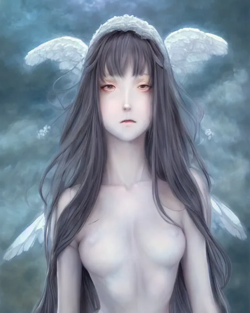 Image similar to range murata, an infinitely detailed portrait of a frail and pale female peace angel elegantly. fully - clothed full - body, beautiful! scenery art!! coherent! by wlop & murata range, victorian armor trim, cold color palette, artstation / pixiv!! elegantly armored angel portrait full - body, dreamy art