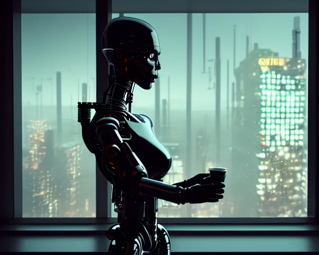 Image similar to terminator mechanical lady with borg enhancements and optical fibers is drinking coffee near a window with dystopian city visible outside. very detailed 8 k. cyberpunk fantasy style. unreal engine render. global illumination. nanite. rtx. path tracing.