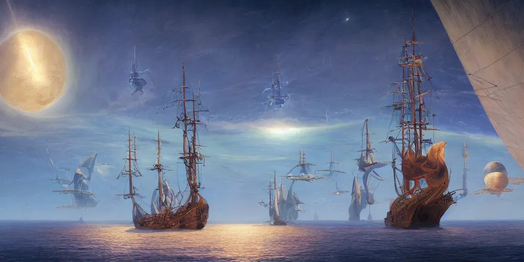 Prompt: Photorealistic epic science fiction painting of one solitary tall ship with three masts floating in space, by Rodney Matthews and Roger Dean. photorealism, UHD, amazing depth, glowing, golden ratio, 3D octane cycle unreal engine 5, volumetric lighting, cinematic lighting, cgstation artstation concept art