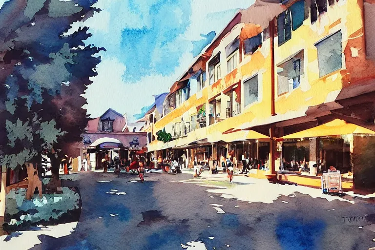 Prompt: watercolor townsquare in a sunny day, artwork by tooth wu, colorful high contrast,!! very coherent!!, dark shadow, thick lineart