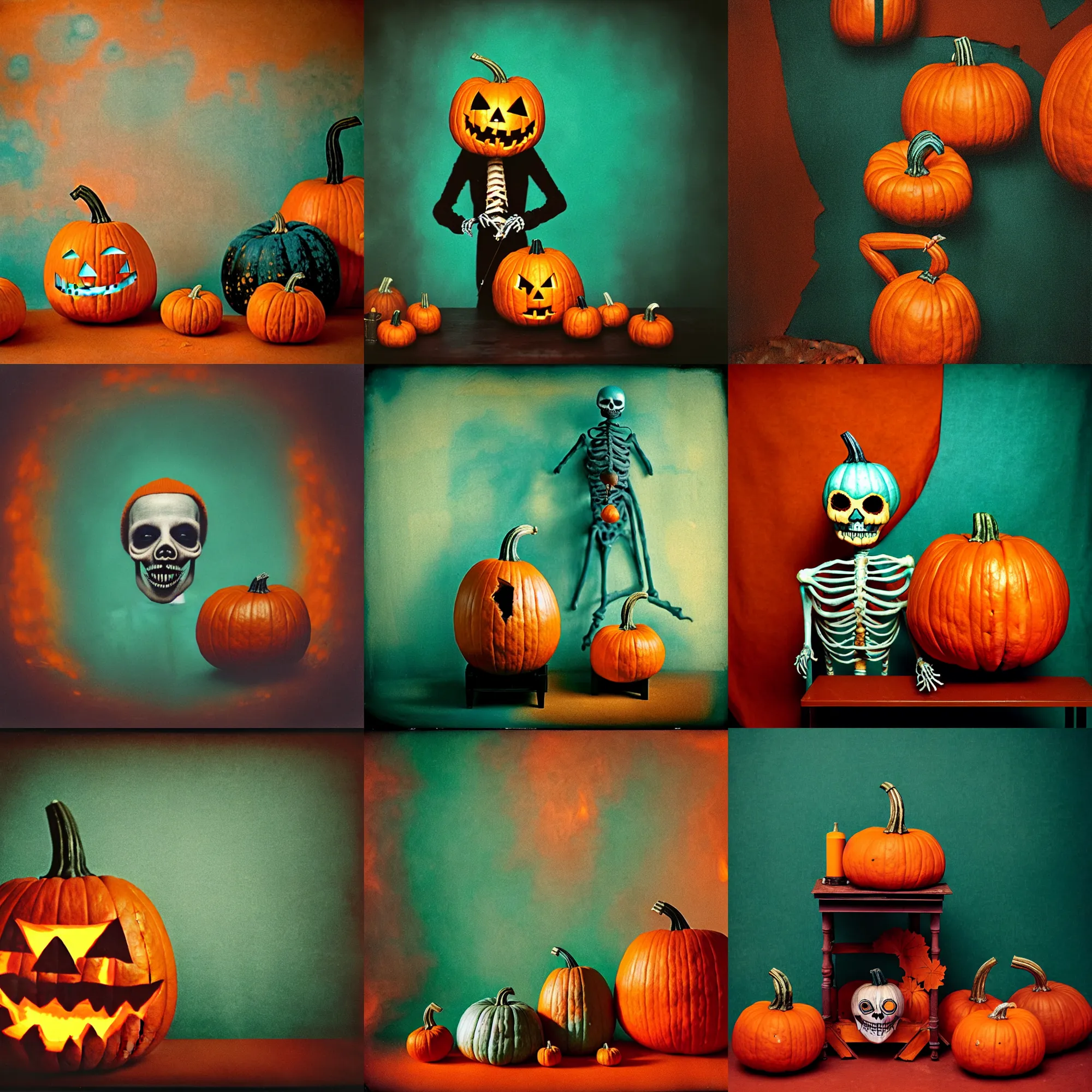 Prompt: kodak portra 4 0 0, wetplate, muted colours, motion blur, portrait photo of a backdrop, pumpkin skelleton, 1 9 2 0 s, coloured in teal orange fire, sparkling, by georges melies and by wes anderson and by britt marling,