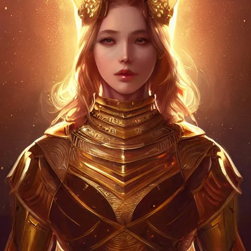 Image similar to portrait knights of Zodiac girl, golden and copper armor, sci-fi, fantasy, intricate, very very beautiful, elegant, highly detailed, digital painting, artstation, concept art, smooth, sharp focus, illustration, art by WLOP and tian zi and artgerm