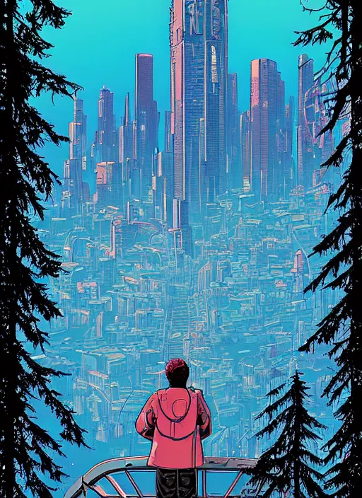 Prompt: a transparent glass movie poster of a cyberpunk explorer overlooking a giant bright monolith in a beautiful mystical forest, risograph by laurie greasley, kawase hasui, josan gonzalez, jean giraud, moebius and edward hopper, colourful flat surreal design, in the style of oxenfree, super detailed, a lot of tiny details, fullshot