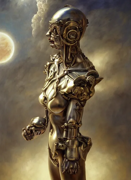 Prompt: portrait of a diabolical marble cyborg girl, brass statue, wearing torn white cape, dynamic pose, thunder, glowing eyes, post apocalyptic ancient ruins, glowing veins subsurface scattering, in clouds, sunset, portrait, by gerald brom, by mikhail vrubel, by peter elson, muted colors, extreme detail, trending on artstation, 8 k