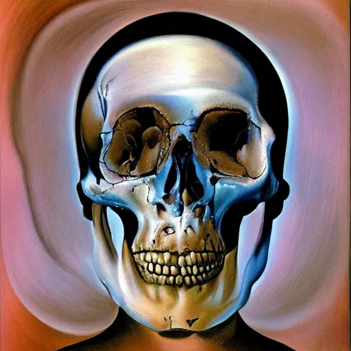 Image similar to a painting by Salvador Dali of a human skull that looks like it's melting, surreal