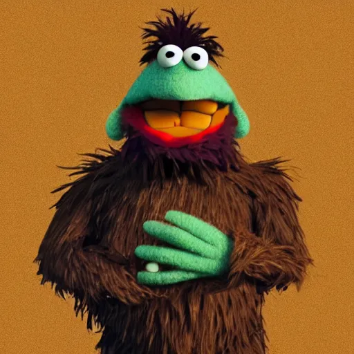 Image similar to a still of a forgotten muppet character looking very manly and modern, hilarious, laughing, hairy chest, huge chin, manly monster tough guy, roughled fur, photo real, photographic, photograph, artstation, trending, featured