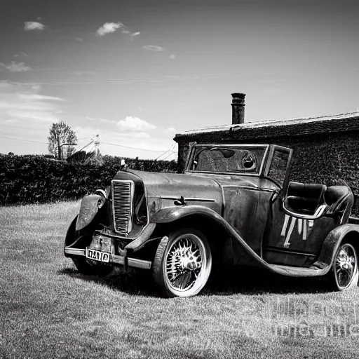 Image similar to old vintage car flyhing above the village, photograph in black and white