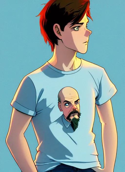 Image similar to art young lenin, light blue eyes, pale skin, freckles, sad expression, t - shirt, modern casual clothing, natural lighting, path traced, highly detailed, high quality, cartoon, digital painting, by don bluth and ross tran and studio ghibli and alphonse mucha