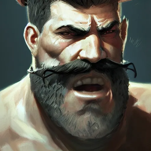 Image similar to portrait old barbarian warrior with trucker mustache and short hair, 8 k, trending on art station, by tooth wu and greg rutkowski