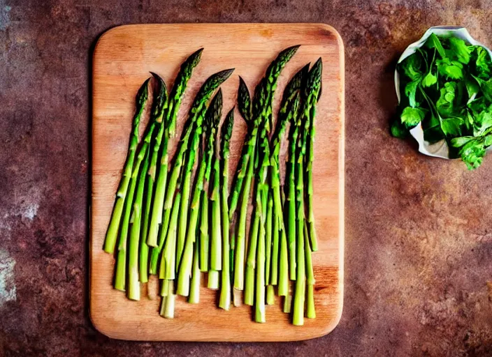 Prompt: asparagus and cut onion, on a wooden board, sunlight streaming in, cookbook photography