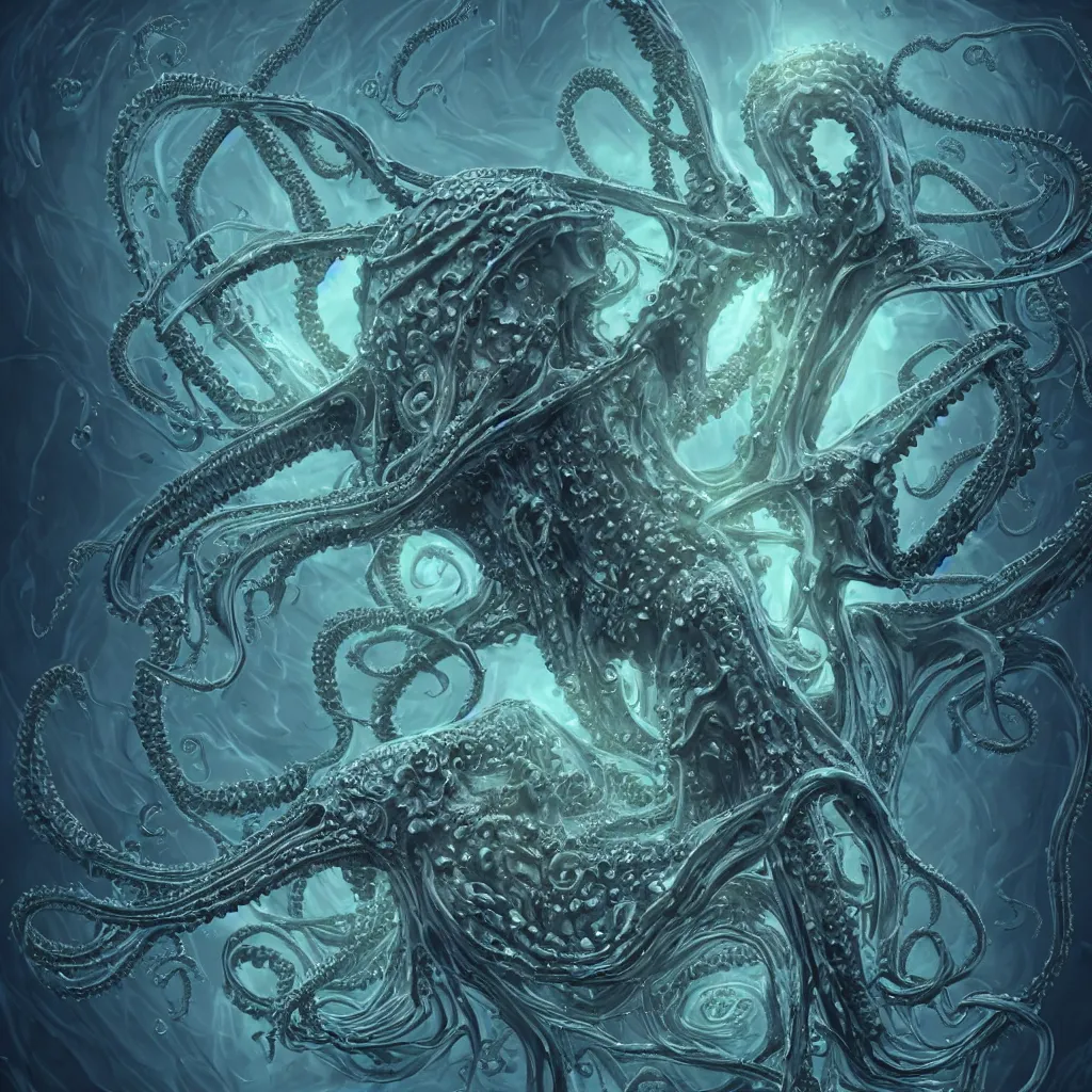 Image similar to close-up macro portrait of a Cthulhu and other fantastical sea creatures, epic angle and pose, ribcage bones symmetrical artwork, 3d with depth of field, blurred background, cybernetic jellyfish female face skull phoenix bird, translucent, nautilus, energy flows of water and fire. a highly detailed epic cinematic concept art CG render. made in Maya, Blender and Photoshop, octane render, excellent composition, cinematic dystopian brutalist atmosphere, dynamic dramatic cinematic lighting, aesthetic, very inspirational, arthouse. Greg Rutkowski, Ilya Kuvshinov, WLOP, Stanley Artgerm Lau, Ruan Jia and Fenghua Zhong