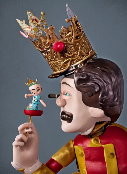 Prompt: closeup face profile portrait of tin toy jack the ripper as a fairytale prince wearing a crown eating cakes, banana, depth of field, zeiss lens, detailed, symmetrical, centered, fashion photoshoot, by nicoletta ceccoli, mark ryden, lostfish, breathtaking, 8 k resolution, extremely detailed, beautiful, establishing shot, artistic, hyperrealistic, octane render