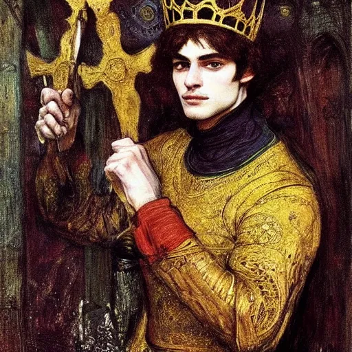 Image similar to painting of handsome beautiful medieval prince in his 2 0 s named shadow wearing a golden crown, elegant, clear, sharp focus, painting, stylized, art, art by john everett millais, john william waterhouse