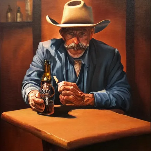 Prompt: modern oil painting portrait of old wrinkled gunslinger at table with bottle in western saloon, masterpiece, realistic and detailed, artstation, interesting lightning