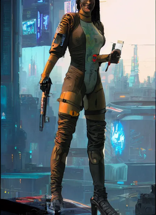 Image similar to sonya igwe. cyberpunk mercenary in tactical harness and jumpsuit. dystopian. portrait by stonehouse and mœbius and will eisner and gil elvgren and pixar. realistic proportions. cyberpunk 2 0 7 7, apex, blade runner 2 0 4 9 concept art. cel shading. attractive face. thick lines. moody industrial setting.