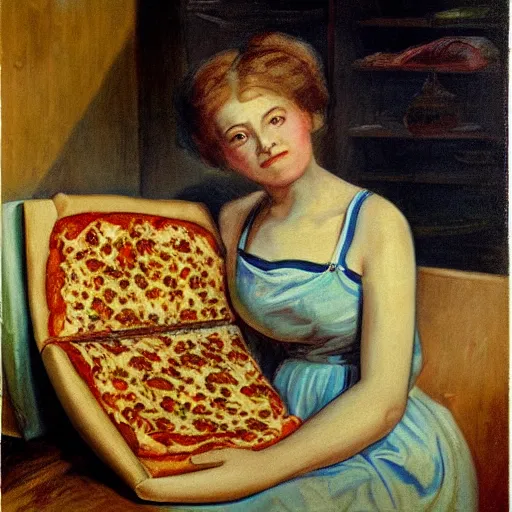 Image similar to A beautiful print of a young lady with a serious case of the munchies, eating an entire pizza while sitting in front of an open refrigerator. body paint by Harriet Backer, by Go Nagai funereal