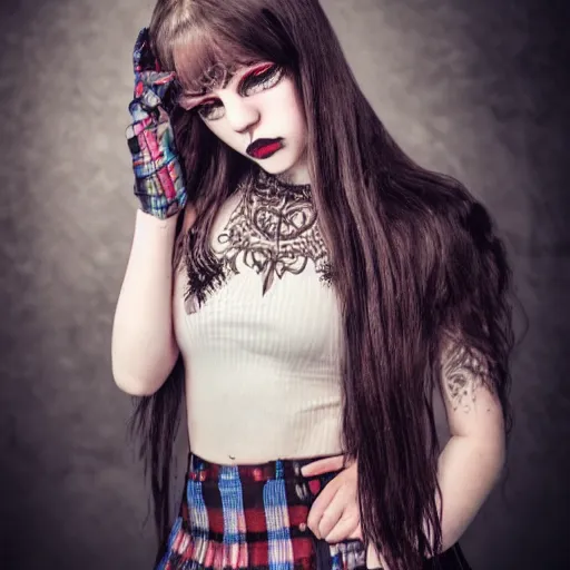 Prompt: gothic teen girl in plaid mini skirt and crop top, beautiful face, intricate, extremely detailed, modeling photography, 8 0 mm camera, dramatic lighting, dark room