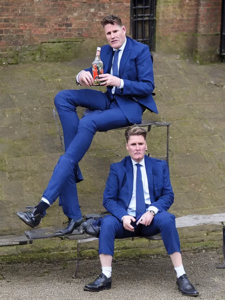 Image similar to Sir Kier Starmer in a blue suit wearing a flat cap on his head sitting on a bench alone holding a large plastic green bottle of cider, at his feet are empty cans and bottles