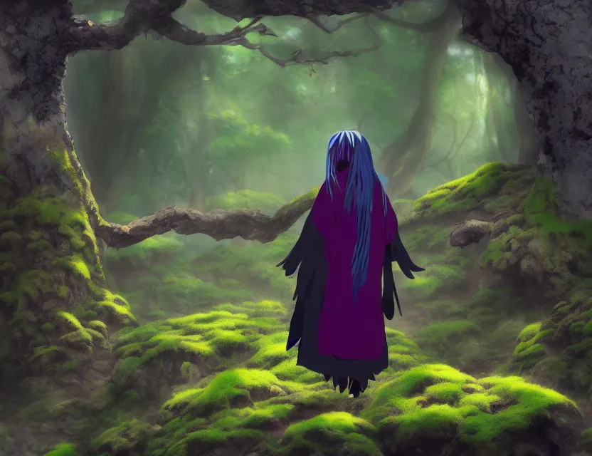 Image similar to female raven yokai in the lichen woods. safe for work, complementary colors, anime still, luminescent, 3 d render, 4 k, chiaroscuro.