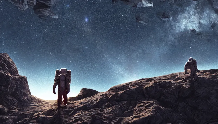 Image similar to american astronaut standing on a top of a mountain, mid shot,, starry night, moonlit, cinematic lighting, atmospheric, realistic, octane render, highly detailed, color graded, in the style of craig mullins