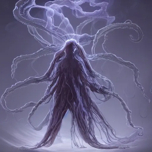 Prompt: concept designs for an ethereal ghostly wraith like figure made from wispy billowing smoke and sparks of electricity with a squid like parasite latched onto its head and long tentacle arms that flow lazily but gracefully at its sides like a cloak while it floats around a frozen rocky tundra in the snow searching for lost souls and that hides amongst the shadows in the trees, this character has hydrokinesis and electrokinesis for the resident evil village video game franchise with inspiration from bioshock the game franchise and Bloodborne and the mind flayer from stranger things on netflix in the style of a marvel comic