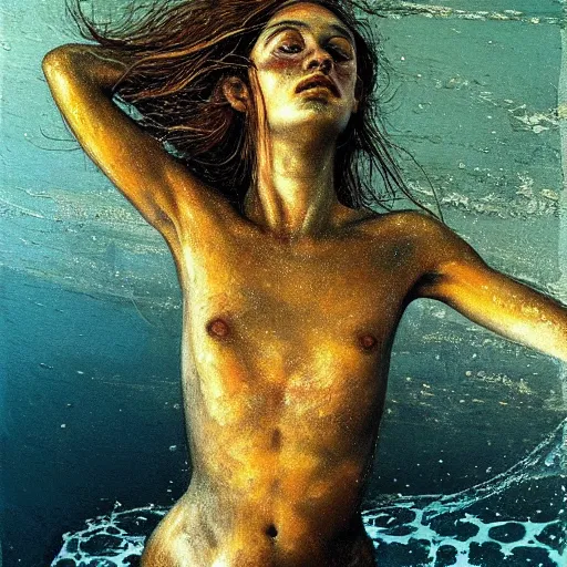 Image similar to high quality high detail painting by lucian freud and beksinski, hd, girl swimming