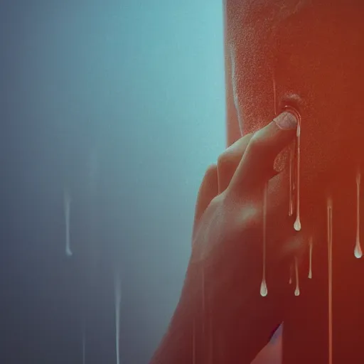 Image similar to a blurry closeup picture of hands around neck, dripping wet, no face, macro photography, long exposure photograph, surrealism, anamorphic bokeh, cozy, soft light, cyan and orange, caustic, atmospheric fog, octane render, cinematic