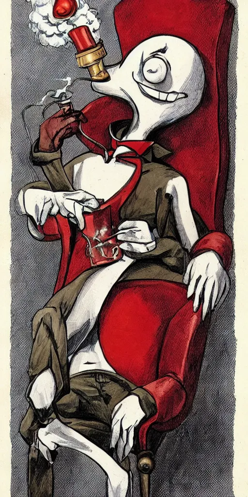 Prompt: a portrait of Earthworm Jim as an austere billionaire sitting in a red leather chair smoking his pipe and looking stately with his monocle