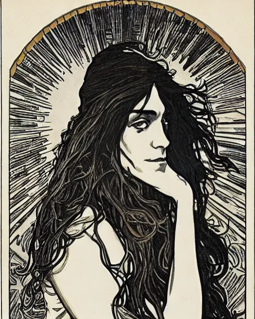 Prompt: Patti Smith by Rick Griffin Roland Topor Alphonse Mucha Will Eisner