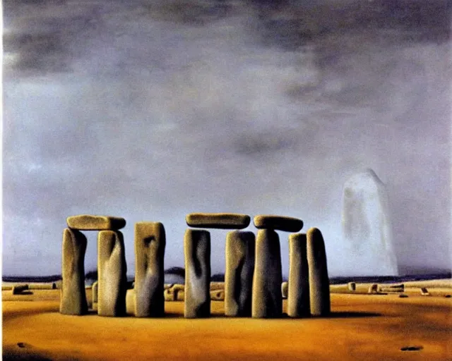 Image similar to painting of Stonehenge by Yves Tanguy