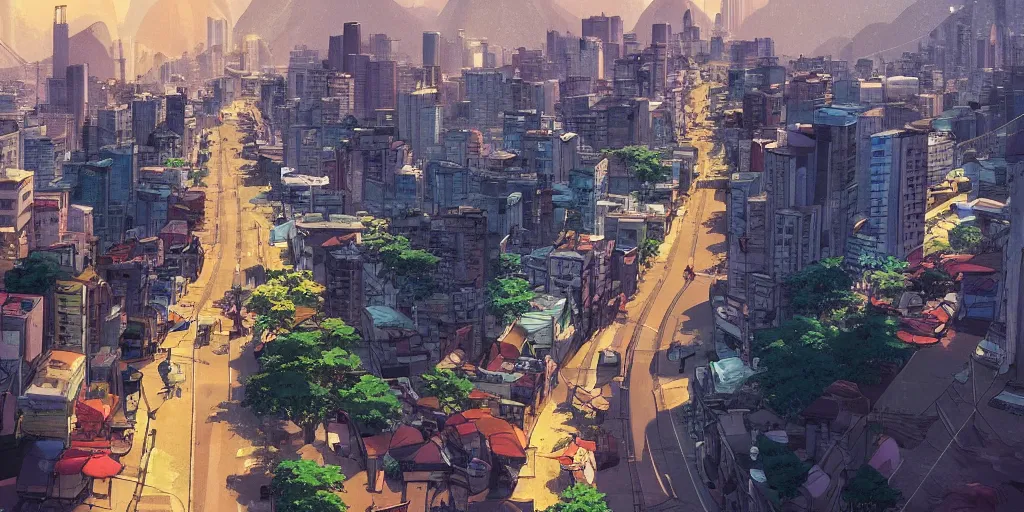 Image similar to rio de janeiro streets in an anime film, directed by makoto shinkai, cinematic, key visual, highly detailed, sharp focus