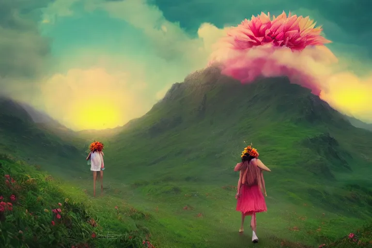 Image similar to giant dahlia flower crown under head, girl walking on mountain, surreal photography, colorful storm clouds, dramatic sunset, impressionist painting, digital painting, artstation, simon stalenhag