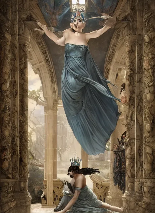 Image similar to a painting of a beautiful queen in fantastic dress next to a dragon, photorealistic painting by Jaime Jones, Tom Bagshaw,Lawrence Alma-Tadema,greg rutkowski,deviantart contest winner, fantasy art, daz3d,perfect symmetrica body shape,symmetrical face,intricate,elegant,highly detailed,8k,digital painting,concept art, sharp focus, illustration,golden ratio