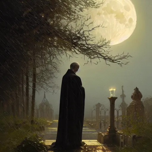 Image similar to a terrified catholic priest, full moon in the background, rainy atmosphere, natural volumetric light, intricate, highly detailed, digital painting, artstation, concept art, sharp focus, illustration, SFW, art by greg rutkowski and alphonse mucha