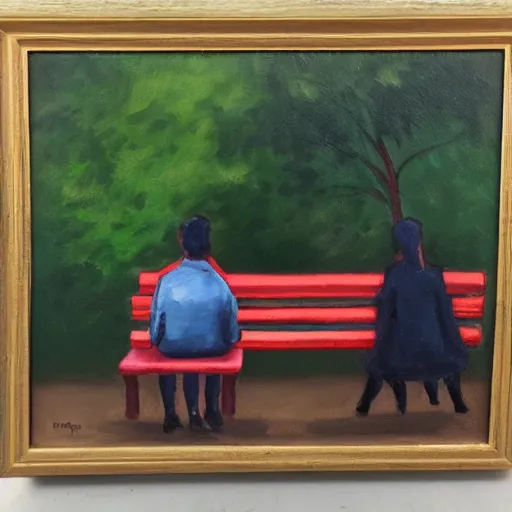 Prompt: a couple sitting on a park bench, oil painting