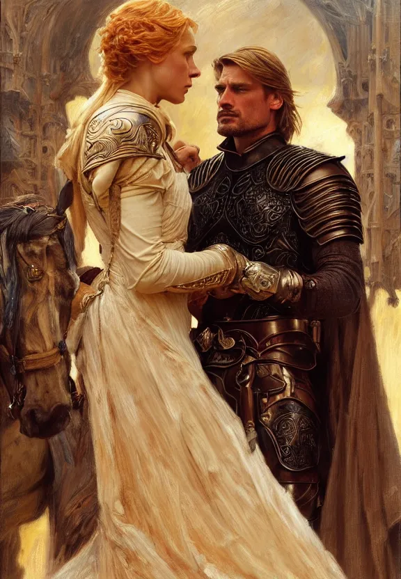 Image similar to attractive handsome fully clothed jaime lannister confesses his love for attractive fully armored brienne of tarth. highly detailed painting by gaston bussiere and j. c. leyendecker 8 k